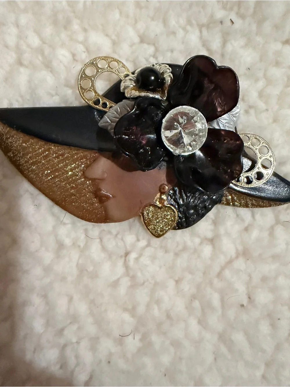Pinc Black and Gold Floral Hat Brooch with Clear Crystal